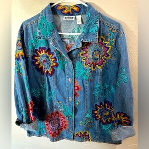 Chico’s Design size 14 Embellished Embroidered Boho Jean Jacket Denim Bohemian